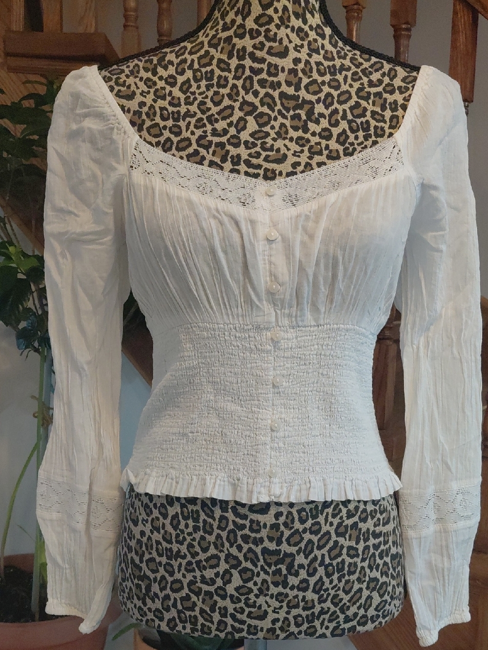 White Long-Sleeve Smocked Peasant Top - Picture 2 of 6